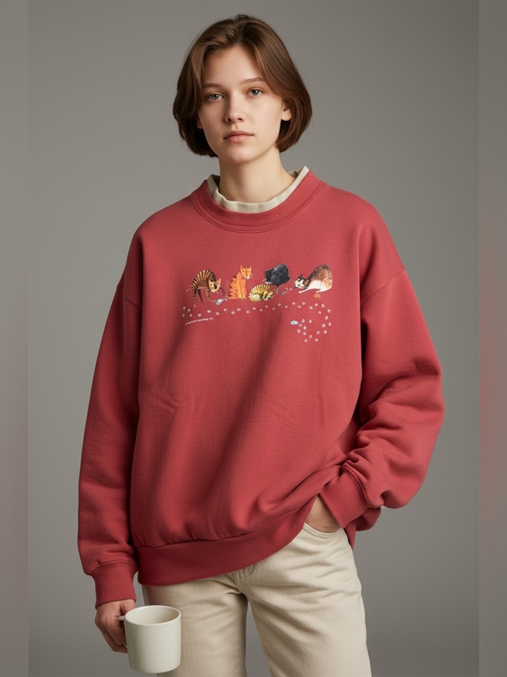 Vintage Morning Sun Cat & Mouse Sweatshirt Hallmark Design Collection Red